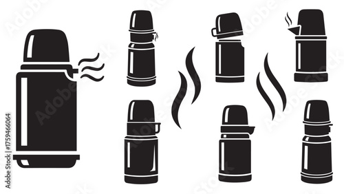 Thermos Flask silhouette with cylindrical body, cup cap, and steam notch, clean black travel bottle icon for hot drinks, commutes, and cold days