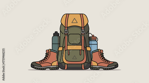 A cartoon style illustration of hiking gear featuring boots backpack and water bottles arranged neatly