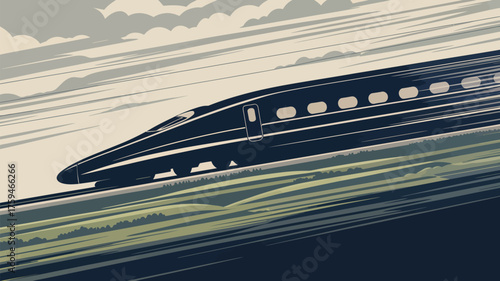 Illustration of a high speed train in motion with blurred background and a landscape view below it