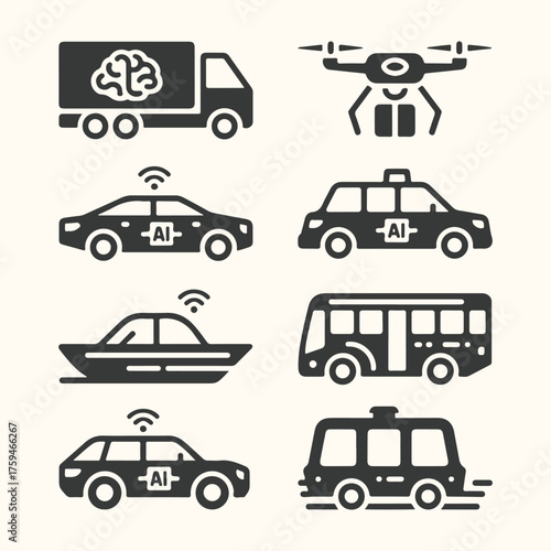 Vector art of collection of autonomous vehicle icons including a truck with ai brain, drone, selfdriving cars, boat, and bus