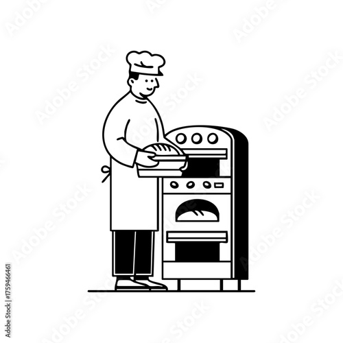 Smiling baker placing freshly baked bread into a large oven, showcasing traditional bakery work and craftsmanship.
