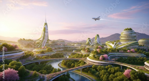 Fototapeta Naklejka Na Ścianę i Meble -  Futuristic eco city with organic architecture and flying vehicles