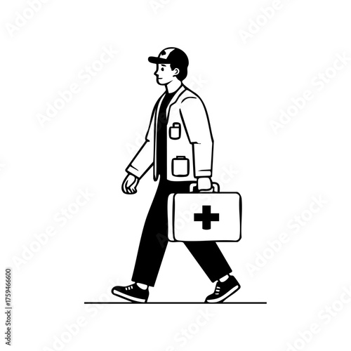 Paramedic walking with a first aid kit, representing emergency response, medical assistance, and health services.