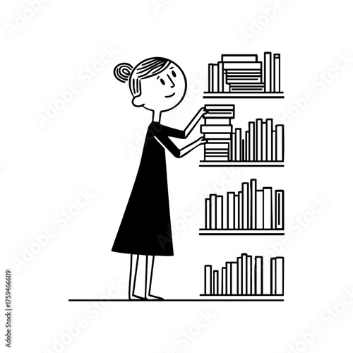 A librarian organizing books on a shelf, representing knowledge, education, and the love of reading.