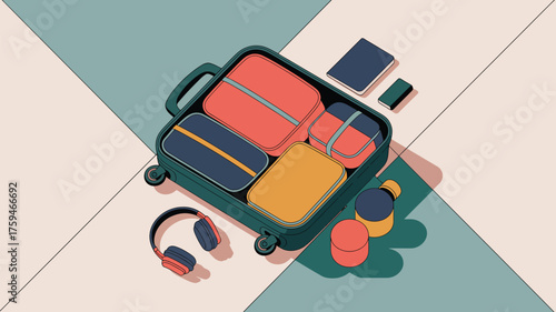 Open suitcase with packing cubes, headphones, notebook and containers on a geometric floor design