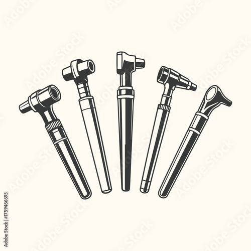 Vector art of a collection of five vintage dental handpiece instruments arranged in a fan shape on a cream background