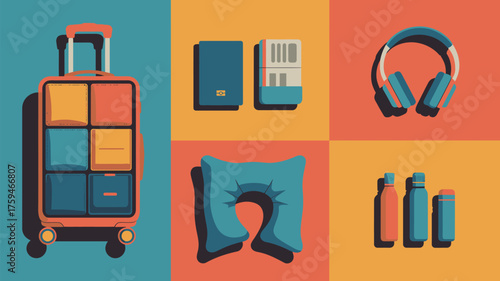 A suitcase and travel accessories arranged in a colorful grid pattern on a flat background design