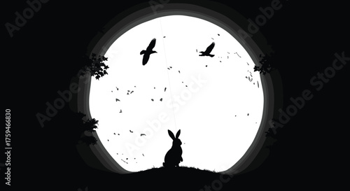 Rabbit sitting under full moon, night nature scenery, flying birds silhouette, peaceful landscape art, CAD drawing flat vector illustration