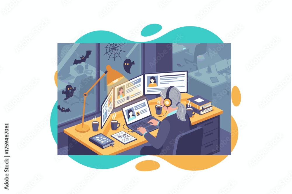 Obraz premium Focused professional working in an office with Halloween decor customer service or recruitment concept