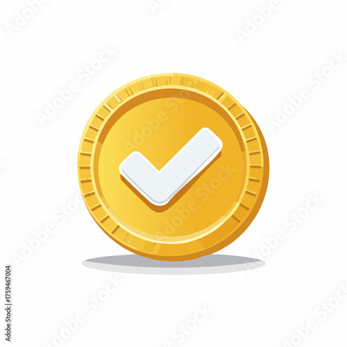 Golden Coin with Checkmark Icon, Success and Approval Concept.