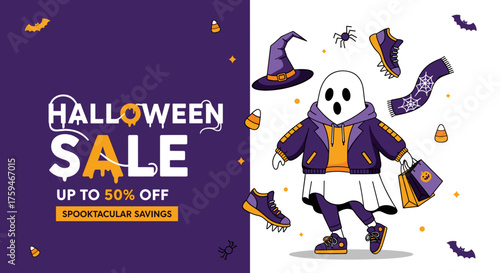 Halloween Sale banner with a ghost character holding shopping bags and spooky elements Perfect for advertising discounts