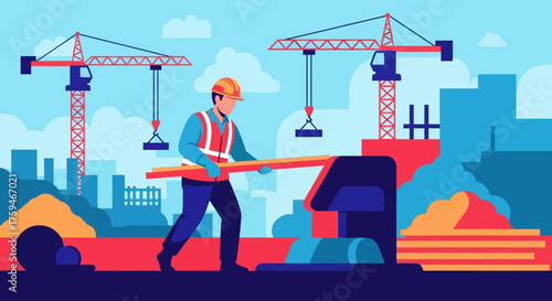 Construction worker carrying lumber at a busy urban building site with cranes Development concept