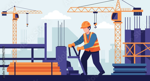 Construction worker operates machinery on a bustling building site with cranes symbolizing urban development and industry