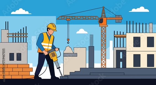 Construction worker operating a jackhammer at a building site illustrating urban development and labor