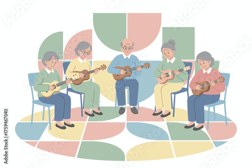 Joyful seniors playing ukuleles together promoting active aging community and wellbeing