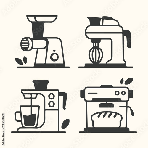 Vector art of set of four kitchen appliances, including a meat grinder, stand mixer, coffee maker, and bread machine, isolated on a light background