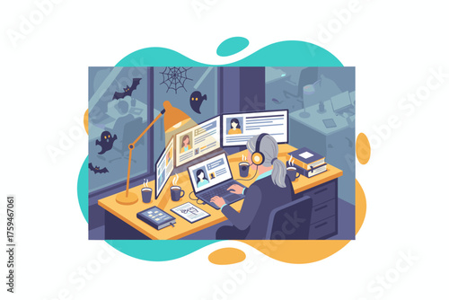 Focused professional working in an office with Halloween decor customer service or recruitment concept