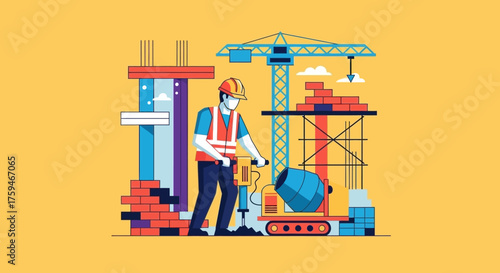 Professional construction worker with jackhammer on a busy building site Industry development safety
