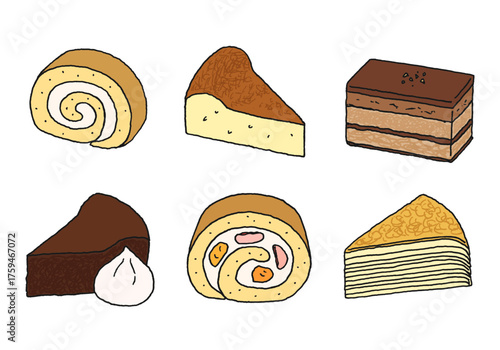 いろんなケーキの手描きイラストセット