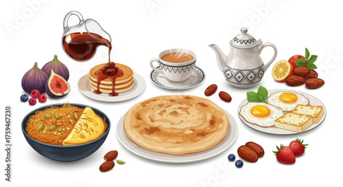 Diverse and delightful breakfast spread with a variety of sweet and savory dishes including pancakes, eggs, and grains