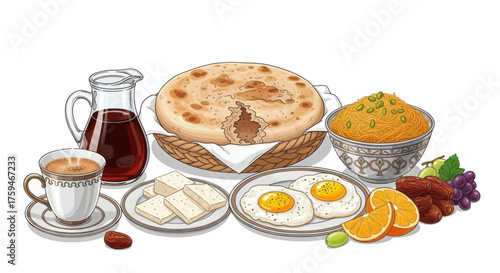A hearty and diverse breakfast spread featuring eggs, bread, fruit, and a beverage
