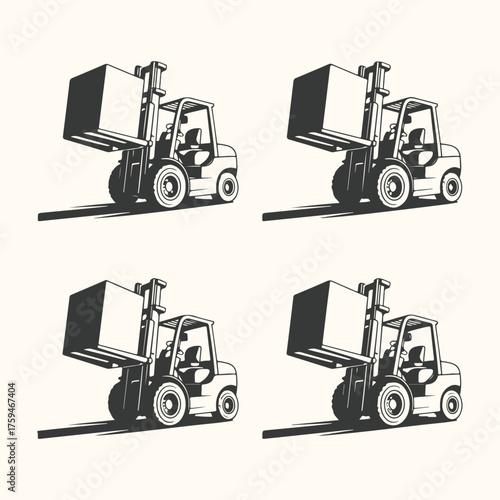 Vector art of four identical forklift trucks lifting boxes, presented in a grid pattern on a light background