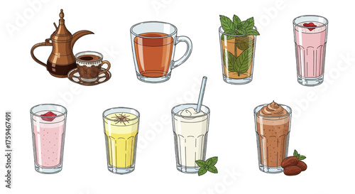 Diverse Collection of Refreshing Beverages and Hot Drinks