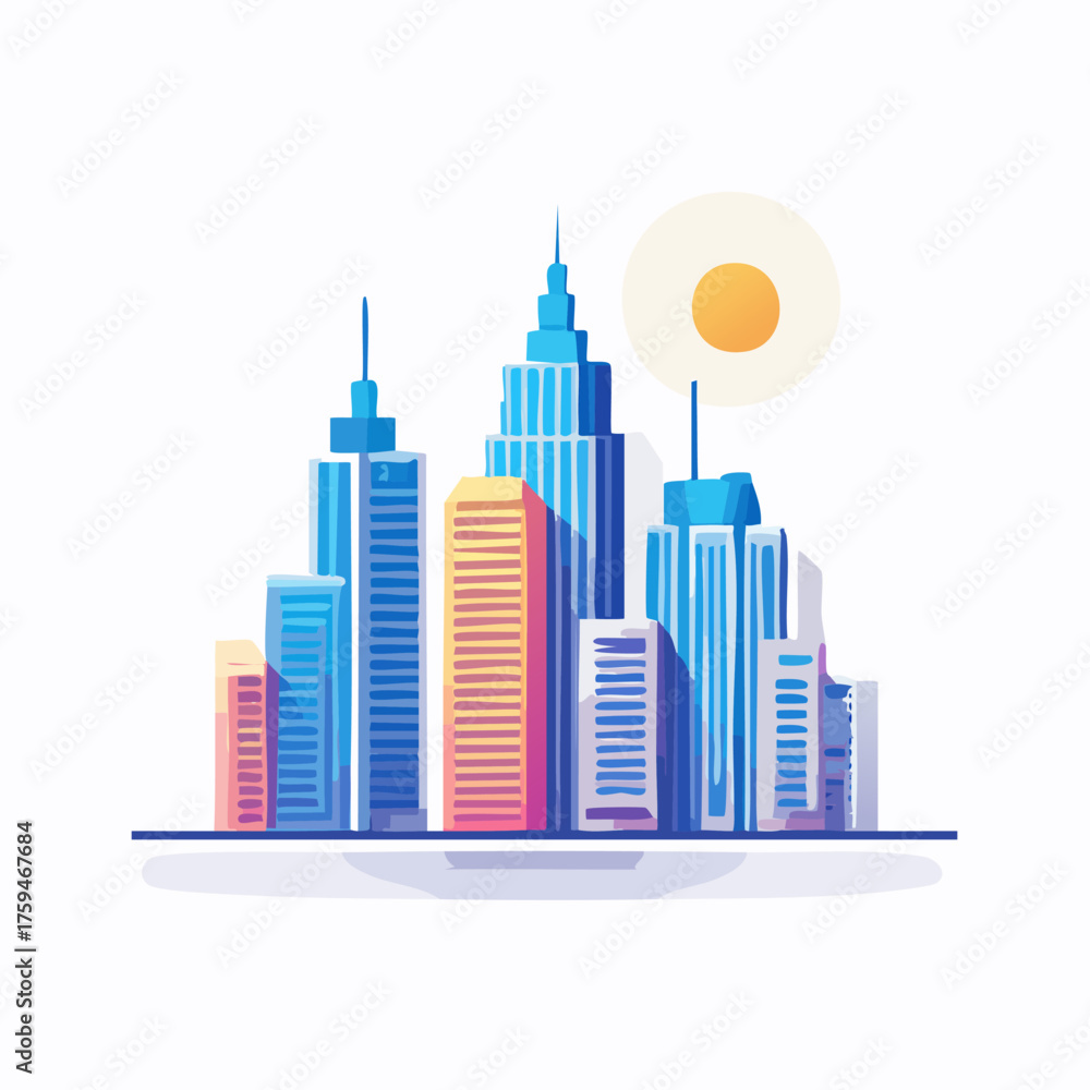 Obraz premium Vibrant Cityscape with Modern Skyscrapers and Bright Sun Illustration.