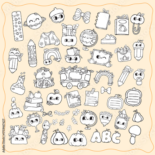 Cute Groovy Retro Autumn School Supply Coloring  Elements Collection Back to School Fall Colouring page Cartoon Hand Drawn Set