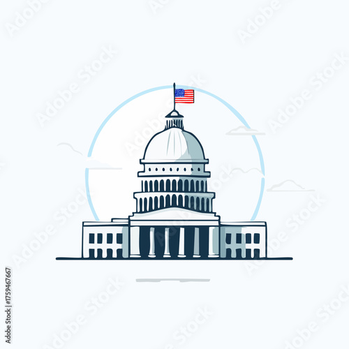United States Capitol Building Illustration with American Flag.