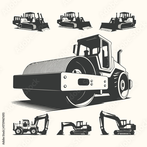 Vector art of set of construction vehicles including a steamroller, bulldozer, excavator, and other heavy machinery, isolated on a