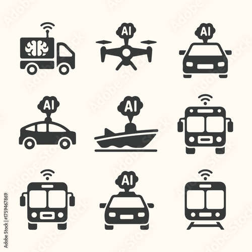 Vector art of collection of ai powered autonomous vehicle icons including car, truck, drone, boat, and train
