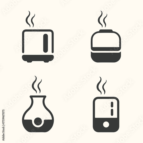 Vector art of set of four different essential oil diffusers and humidifiers with steam coming out, isolated on a light background