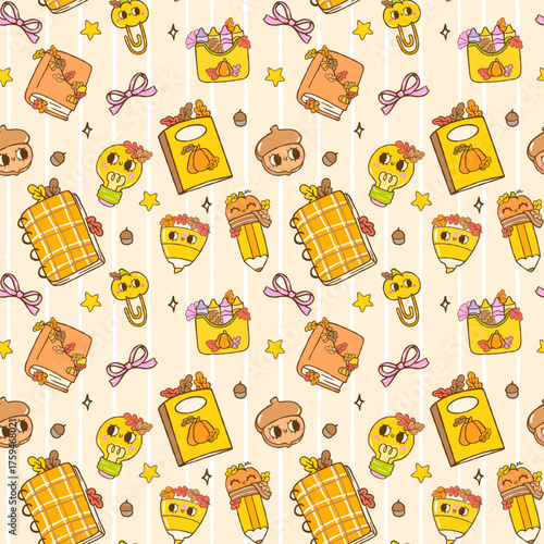 Groovy Retro Autumn School Book Seamless Pattern Back to School Fall Walllpaper on Striped Backgroud