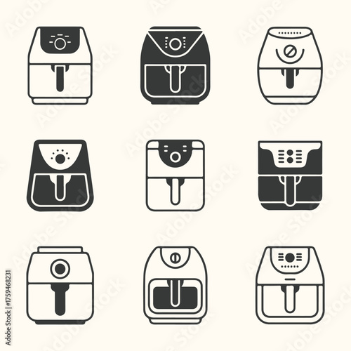 Vector art of set of nine different air fryer icons in a grid, isolated on a light cream background