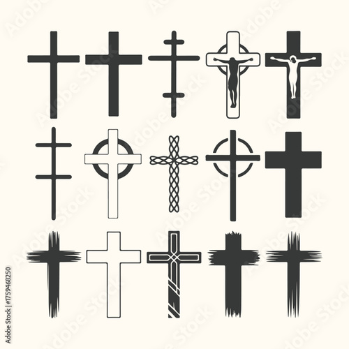 Vector art of collection of various christian cross designs, isolated on a light background