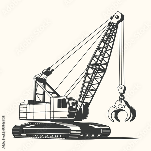 Illustration of a crawler crane with a grapple attachment, industrial machinery for construction and demolition
