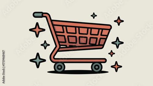 Illustration of a shopping cart with stars around it on a light beige background in cartoon style