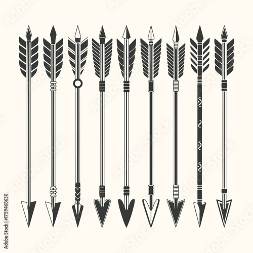 Vector art of a collection of nine tribalstyle arrows with detailed fletching and arrowheads, isolated on a cream background