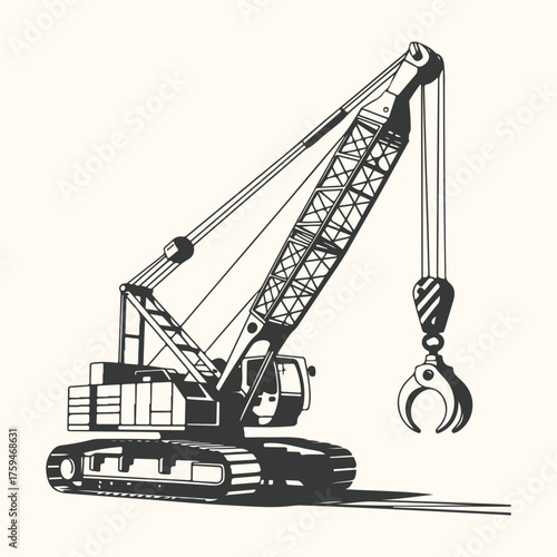 Illustration of a heavyduty crawler crane with a grapple attachment, ready for construction work