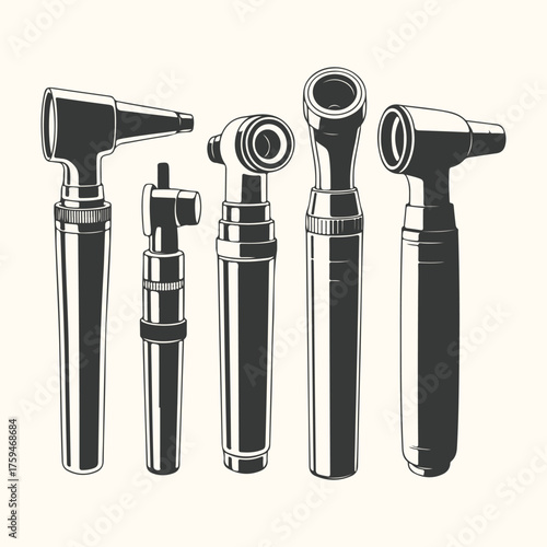 Vector art of set of otoscopes, medical instruments for examining the ear