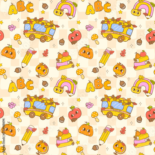 Groovy Retro Autumn School Bus Seamless Pattern Back to School Fall Walllpaper on checkered Backgroud