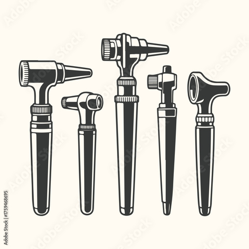 Vector art of set of five otoscopes, medical instruments for examining the ear, presented in a vintage illustration style
