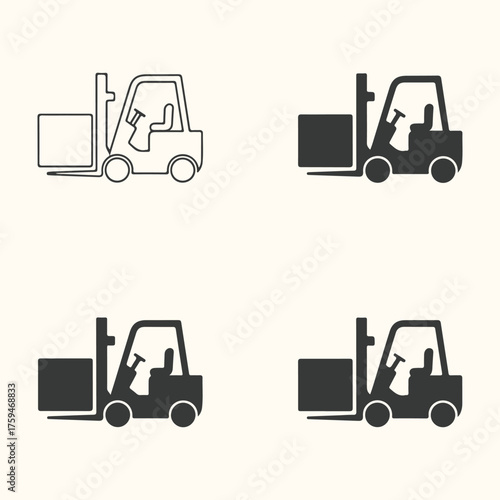 Vector art of four forklift icons in different styles outline, solid, and two variations of solid with slight differences