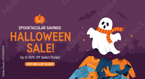 Spooktacular Halloween Sale banner with ghost pumpkin bats and cozy autumn fashion Perfect for seasonal retail promotions
