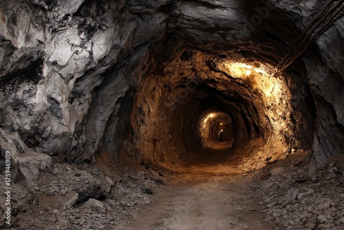 Eerie Mine Tunnel: Dimly Lit Coal Passage with Shadows of the Underground Industry