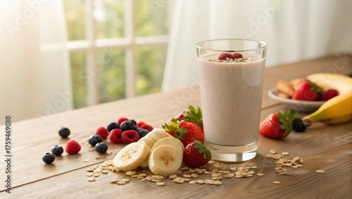 oat milk smoothie recipe A refreshing smoothie with berries, bananas, and oats on a wooden table.