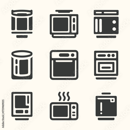 Vector art of set of kitchen appliance icons including ovens, microwaves, and canisters, presented in a clean, modern style