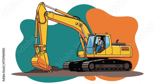 Yellow excavator with worker digging soil representing construction and heavy industry