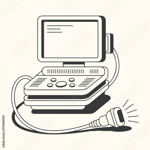 Illustration of an ultrasound machine with a probe emitting sound waves, isolated on a light background